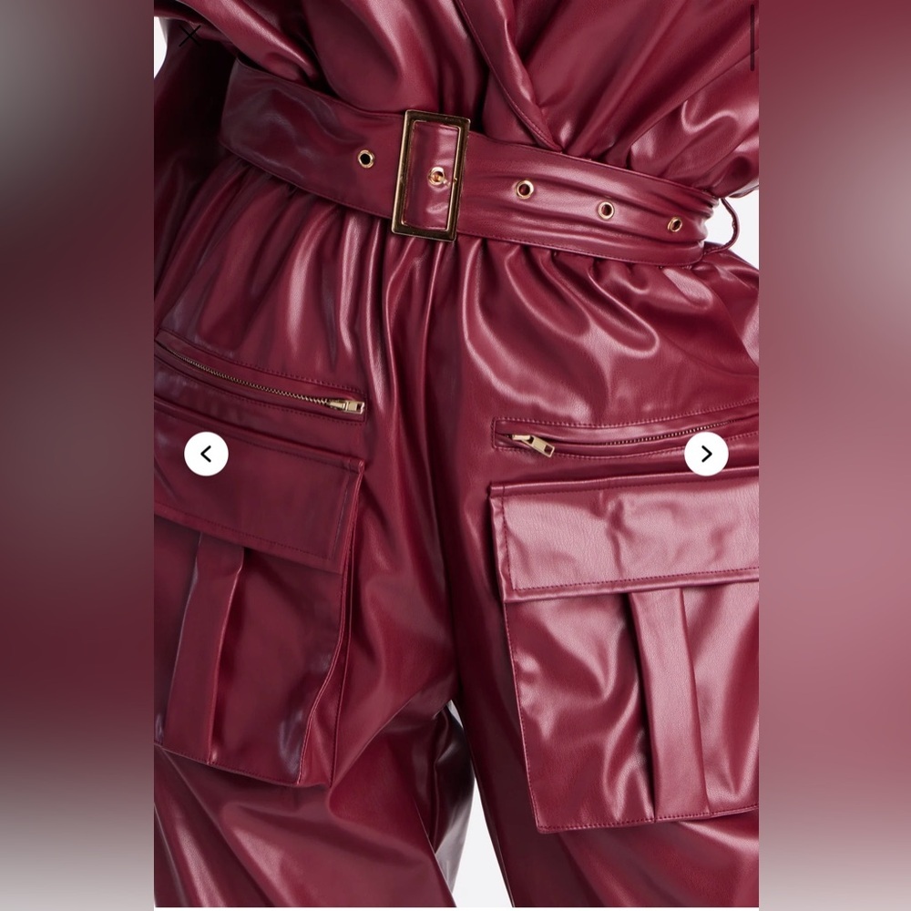 Sloane Hooded Cargo Leather Jumpsuit - Burgundy - Picture 5 of 6